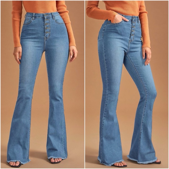 high waist button fitted Dark wash denim bell bottom Jeans - Picture 2 of 12